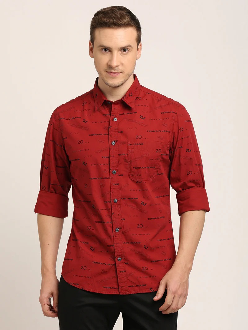 Indian Terrain Men's Slim Fit Full Sleeve Typography Maroon Shirt
